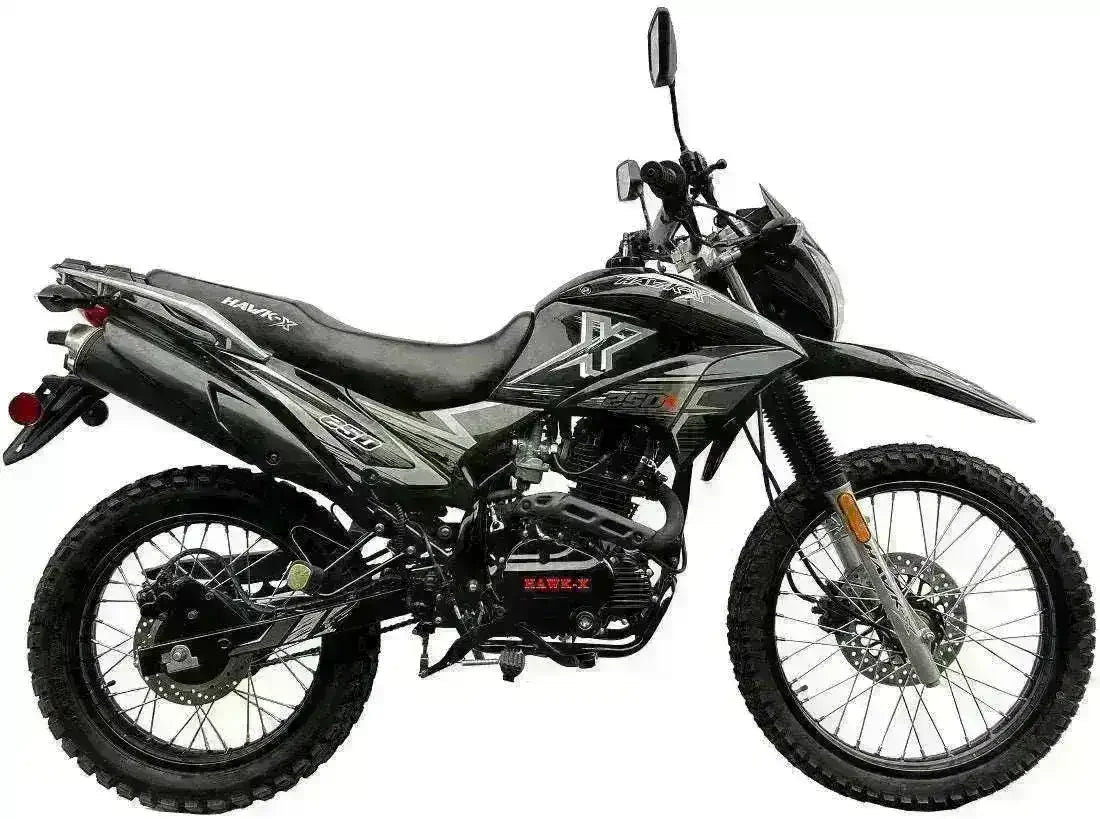Black RPS Hawk X 250cc motorcycle with off-road tires and dual sport design