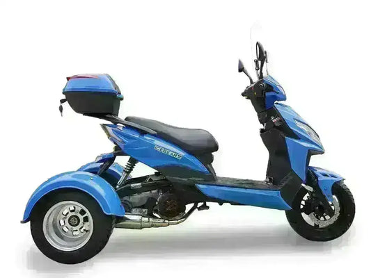 Blue three-wheeled 150cc trike scooter with rear cargo box, side view on white background