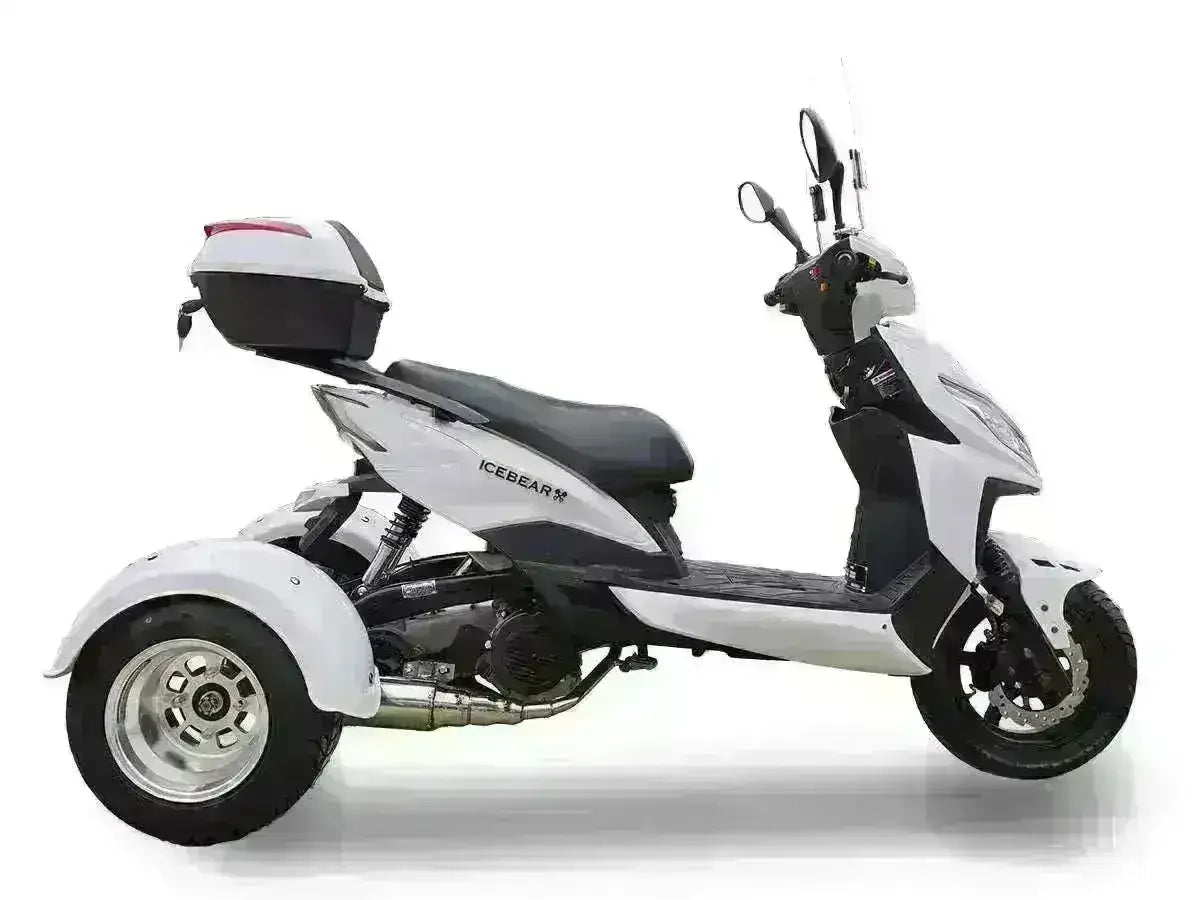 White 150cc three-wheeled trike scooter with rear cargo box and sporty design