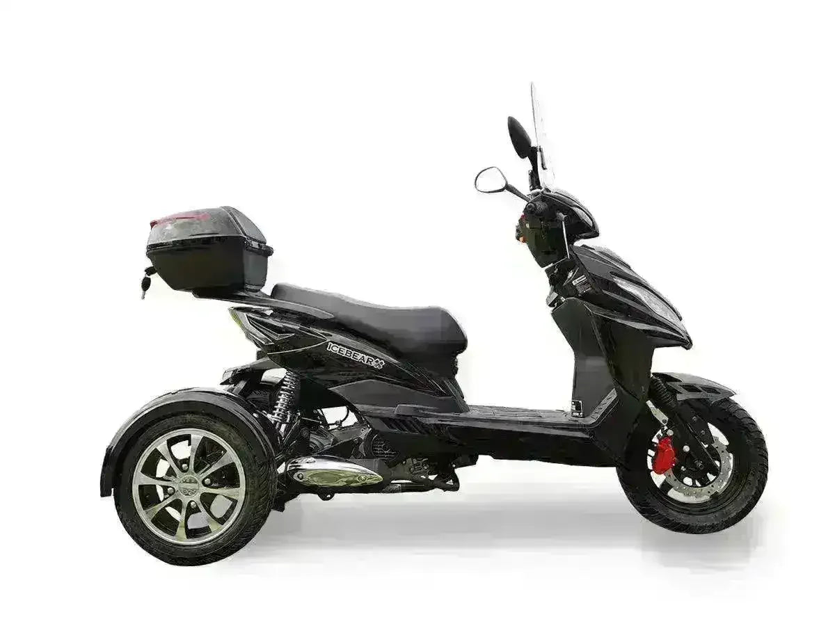 Black three-wheeled 50cc trike scooter with top case and windshield on white background