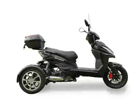 Black three-wheeled 50cc trike scooter with top case and windshield on white background