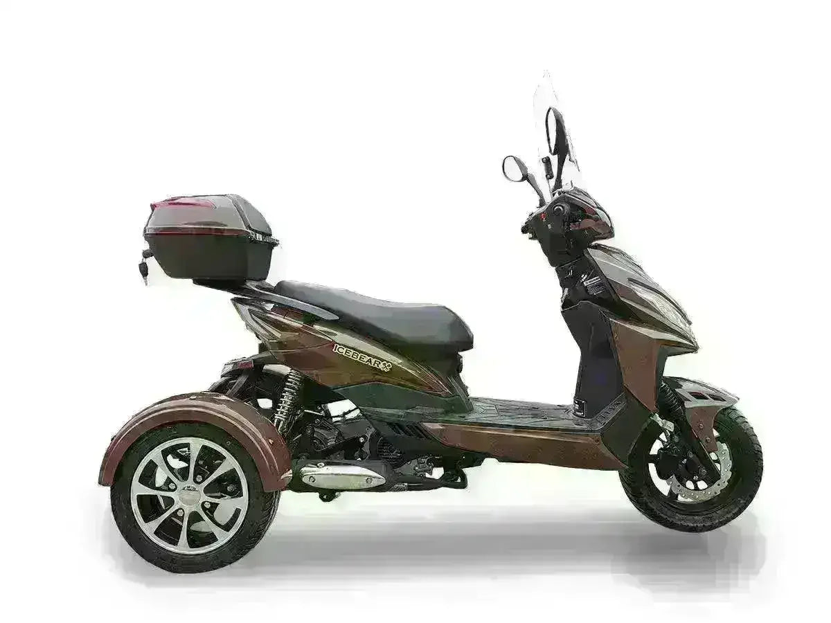 Three-wheeled 50cc trike scooter with rear cargo box and windshield on white background