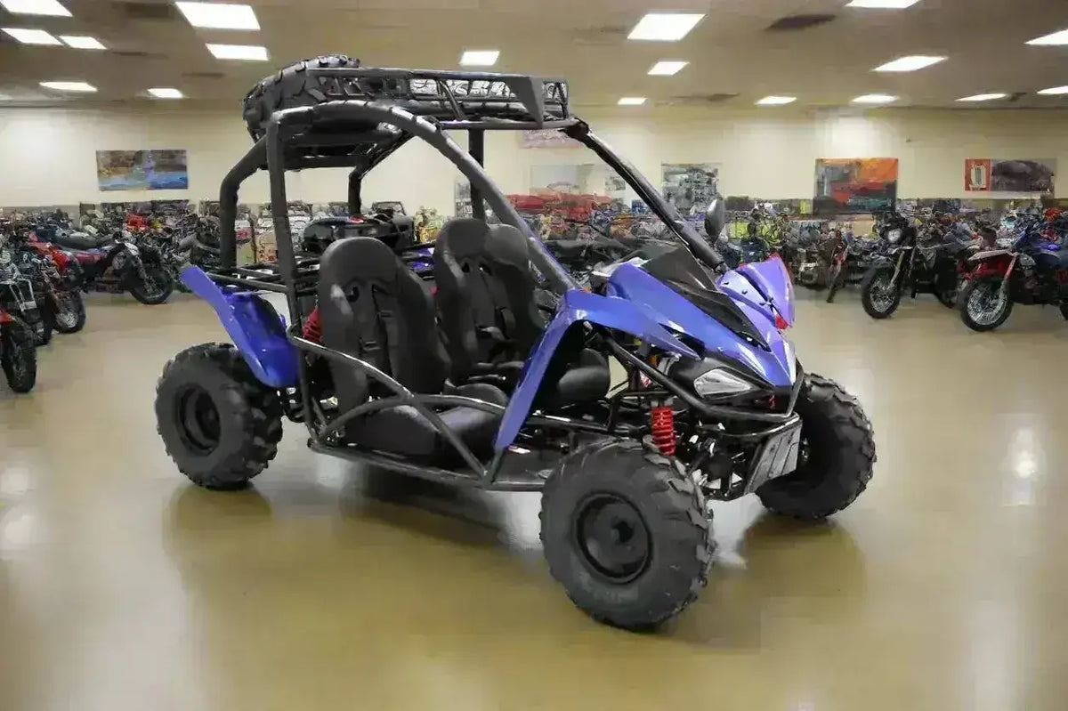 Blue two-seater go-kart with off-road tires displayed in a showroom with other powersports vehicles.