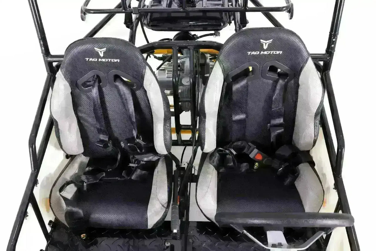 Triton go-kart black and gray Tao Motor bucket seats with harness straps and center gear selector
