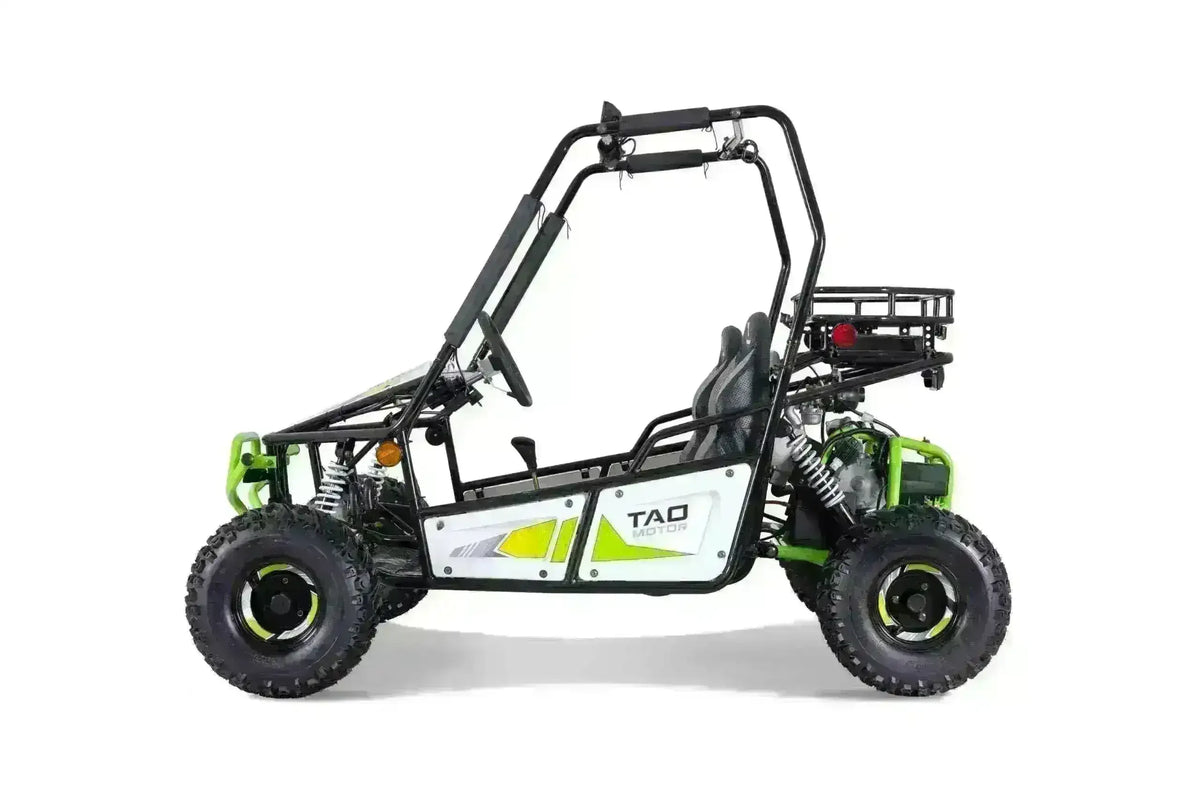 Left-side view of a green and white Triton go-kart showing black frame, rear cargo rack and engine