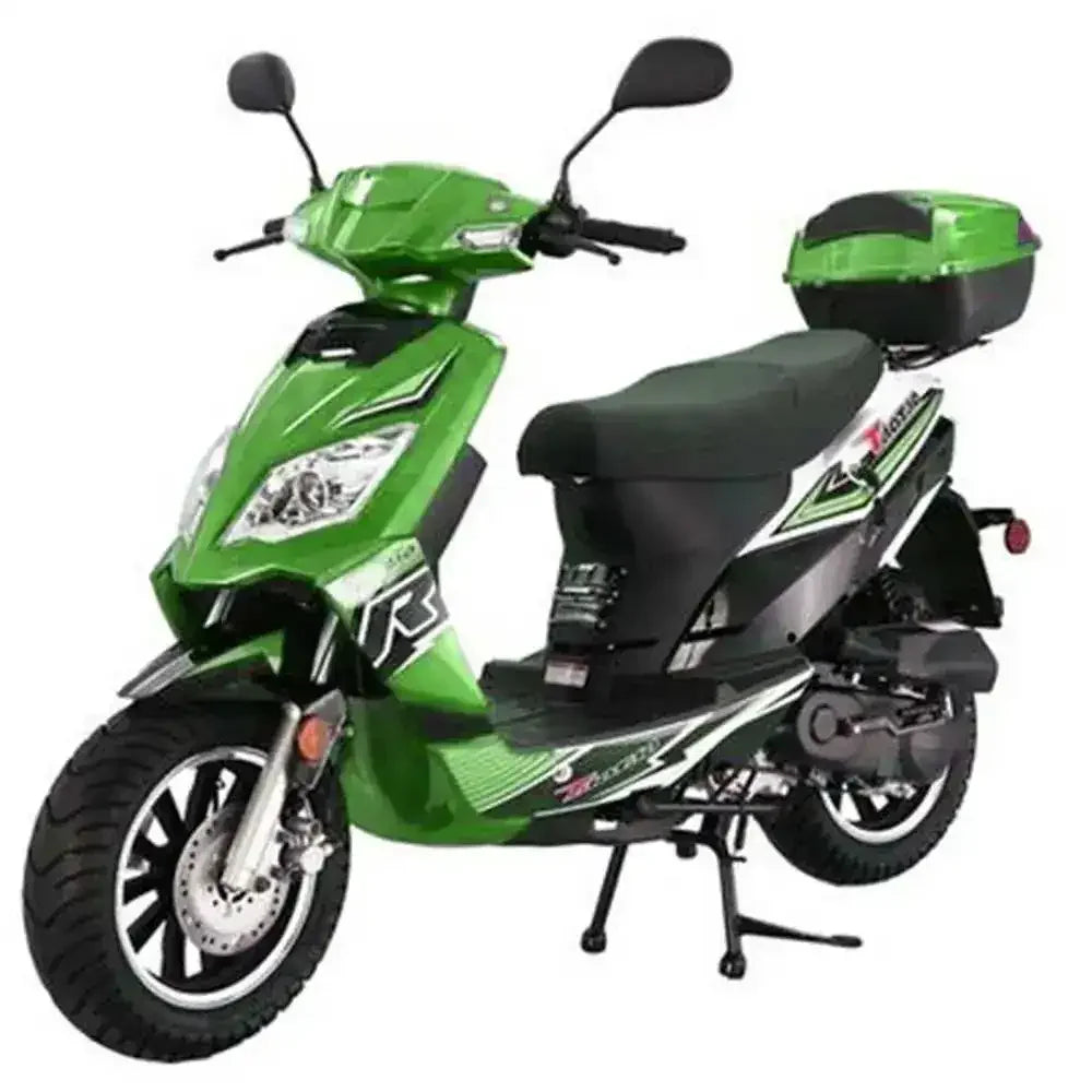 Green motor scooter with rear storage box, front disc brake, and sporty graphics