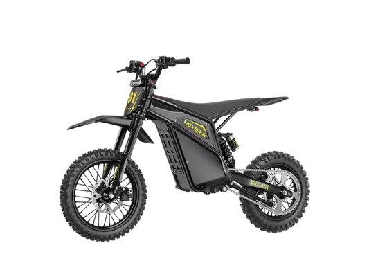Black electric dirt bike with knobby tires, yellow accents, and modern frame design