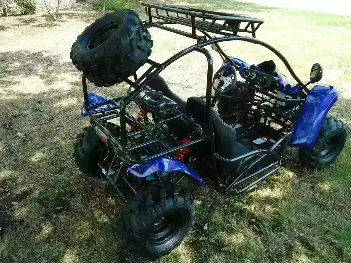 Blue 2-seater 125cc go-kart with off-road tires, outdoor setting, spare tire mounted