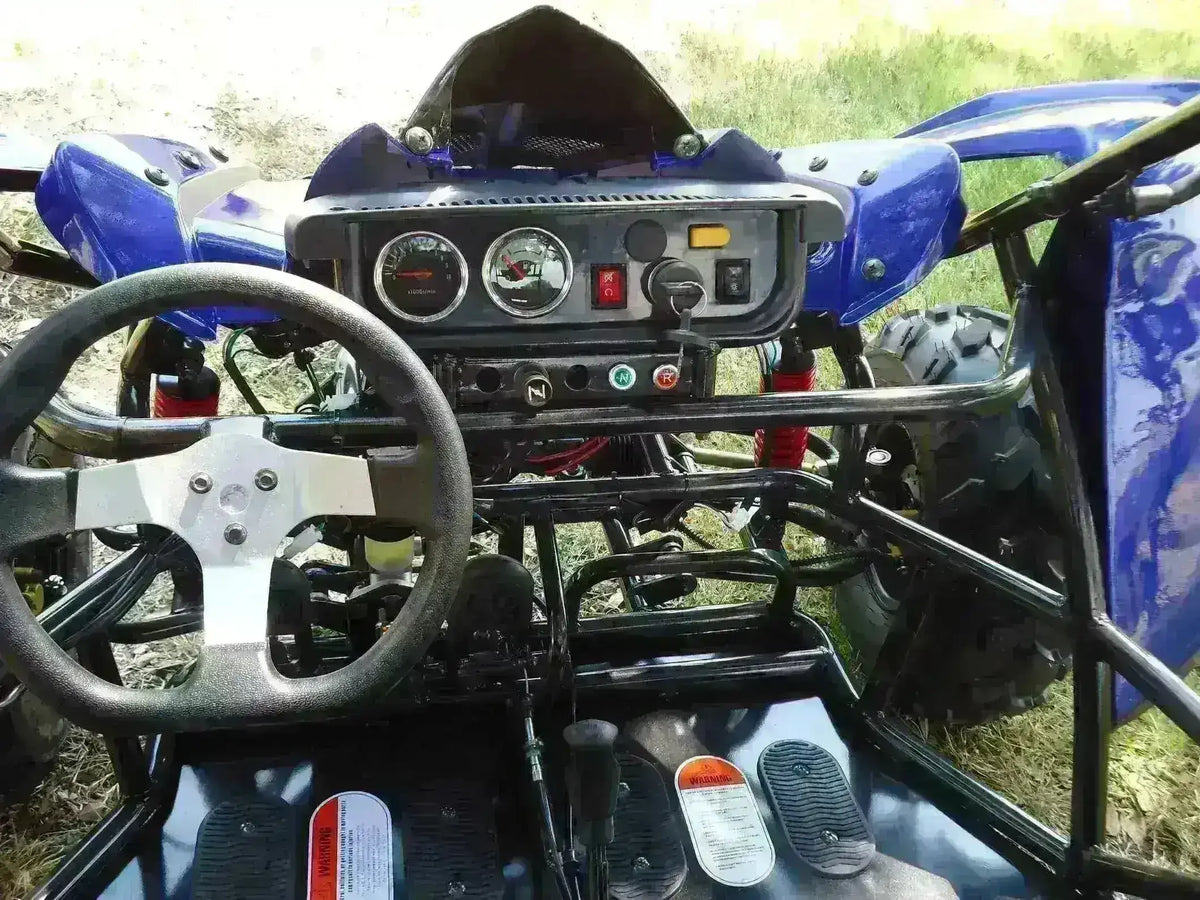 Dashboard and controls of a blue 2-seater 125cc go-kart with steering wheel
