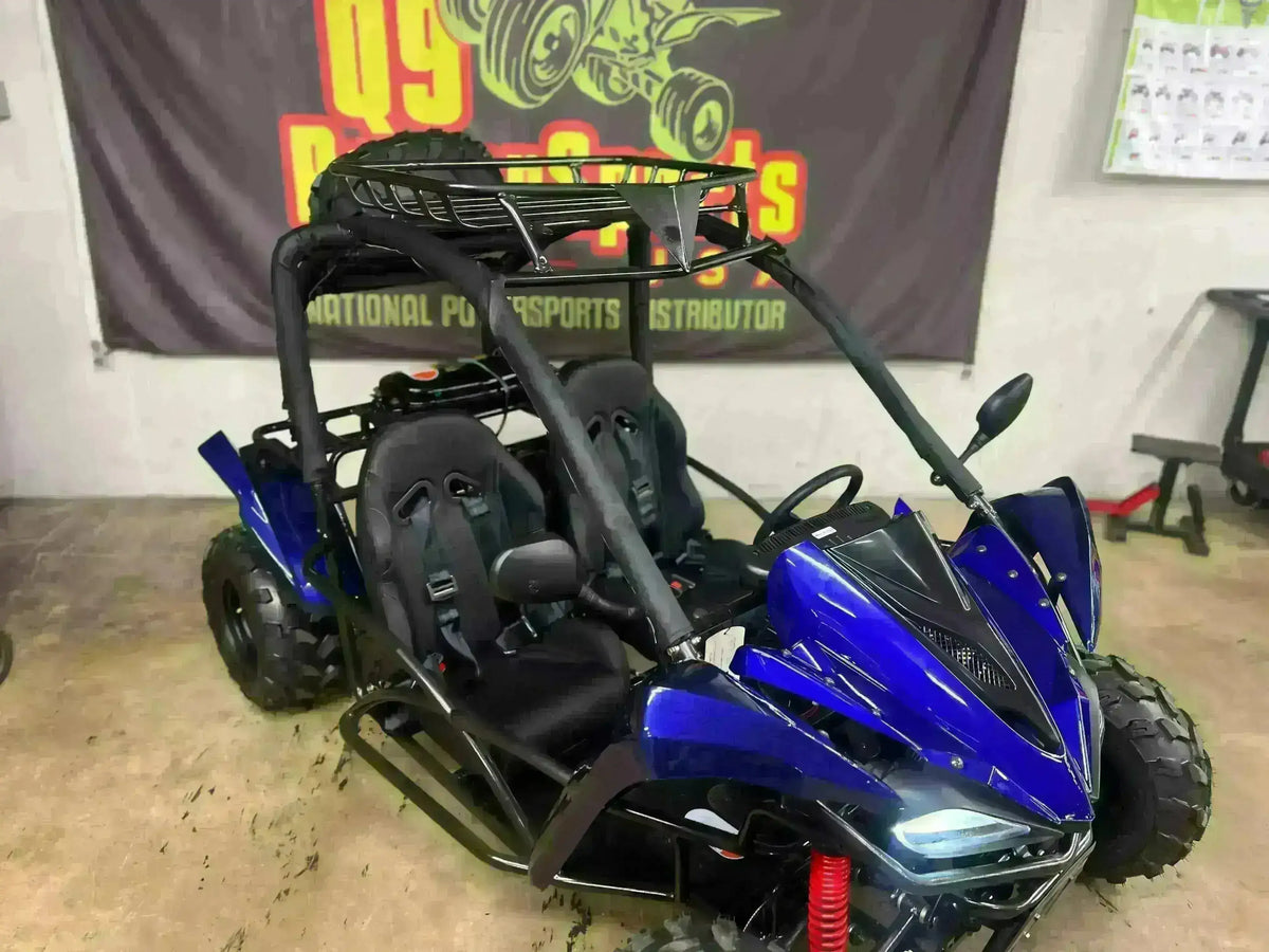 Blue two-seater 125cc go-kart with roll cage and off-road tires in indoor showroom