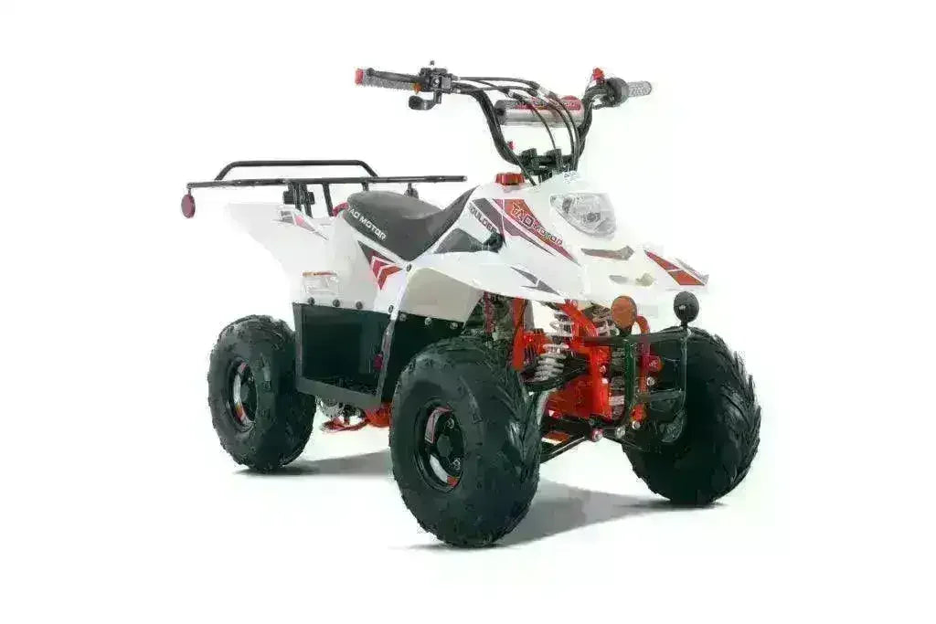 White 110cc kids ATV for beginners, four-wheel youth quad with rugged tires on white background
