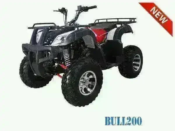 Black Bull 200cc utility ATV with rugged tires and front grill, side view on white background.