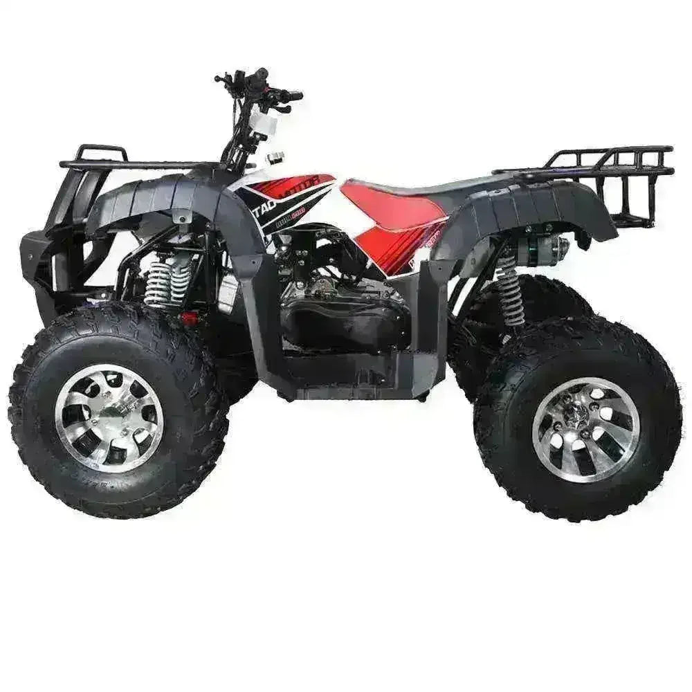 Red and black 200cc utility four wheeler ATV with rugged tires and front rear racks
