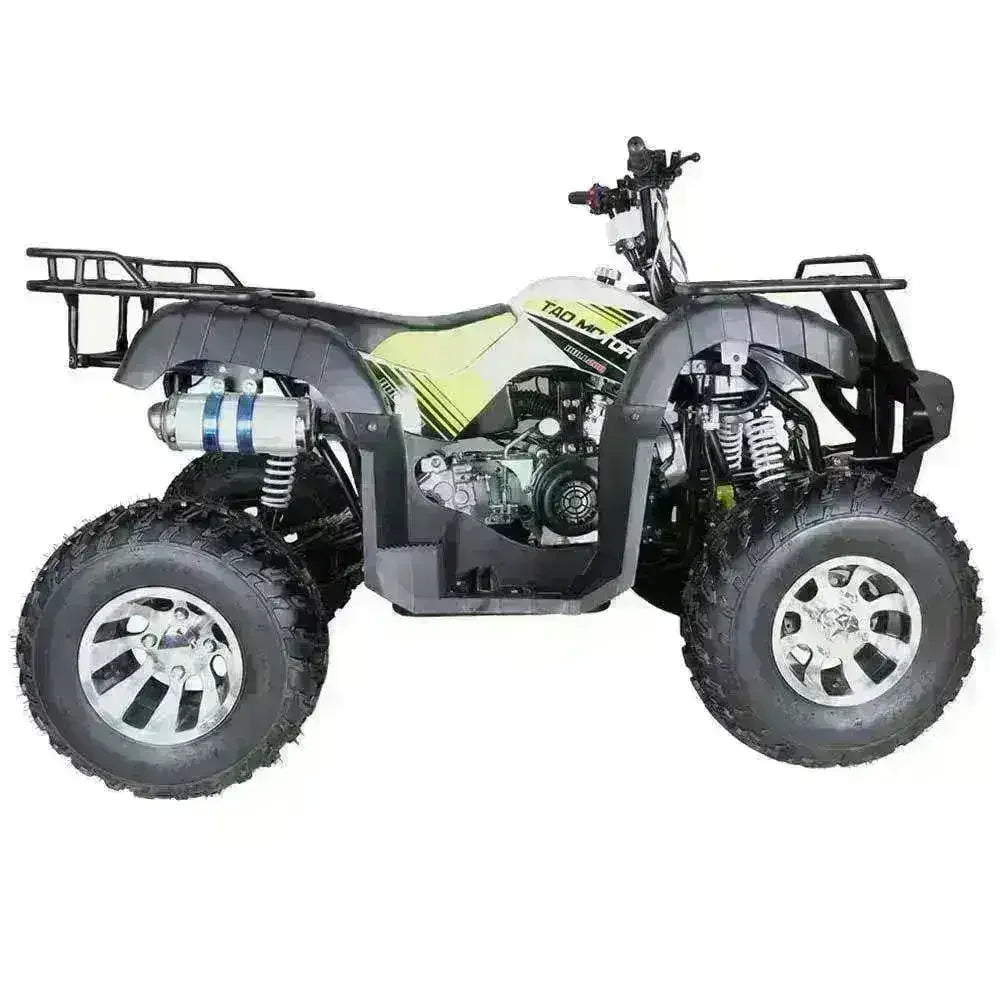 Side view of a 200cc utility four wheeler ATV with rugged tires and front and rear racks
