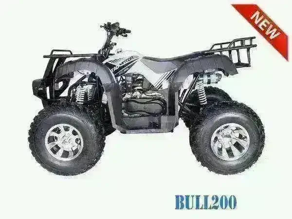 Bull 200cc utility ATV with rugged tires, front and rear racks on white background