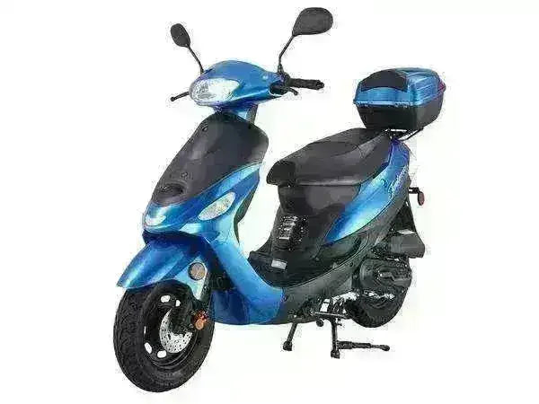 Blue 50cc campus cruiser scooter with storage trunk and black seat on white background