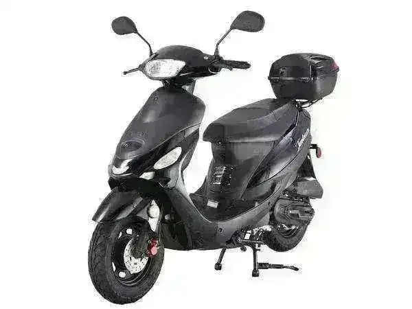 Black 50cc campus cruiser scooter with rear storage, shown on white background