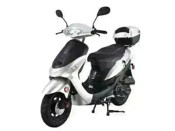 Silver 50cc campus cruiser scooter with rear trunk and side mirror, studio background