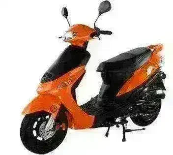 Orange 50cc campus cruiser scooter with black seat and mirrors, side view