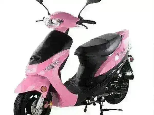 Pink 50cc campus cruiser scooter with black seat and mirrors on a white background