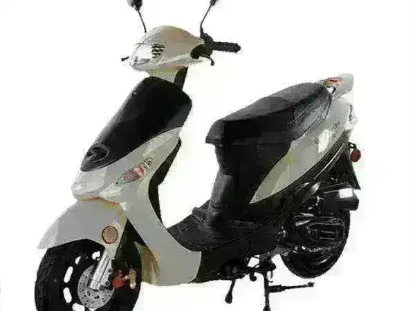 White 50cc campus cruiser scooter with black seat, side view on white background