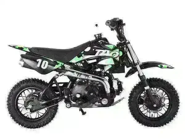 Black and green 110cc kids dirt bike with off-road tires, number 10 on frame