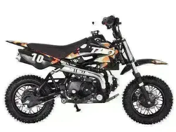 110cc kids dirt bike in black and orange with knobby tires and number 10 on the seat