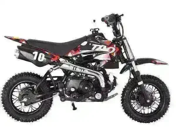 Black 110cc kids dirt bike with racing graphics and knobby tires on white background
