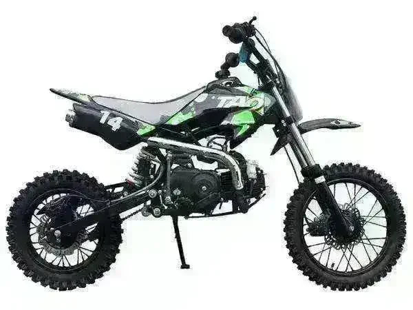 Black and green 110cc youth dirt bike with number 14, off-road tires, side view