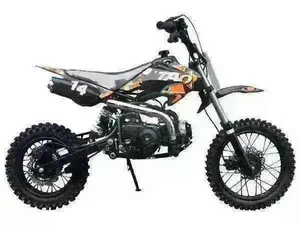Black and orange 110cc youth dirt bike with knobby tires and number 14 on seat