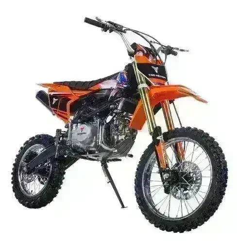140cc orange off-road dirt bike for teens at Q9 PowerSports USA, knobby tires, side view