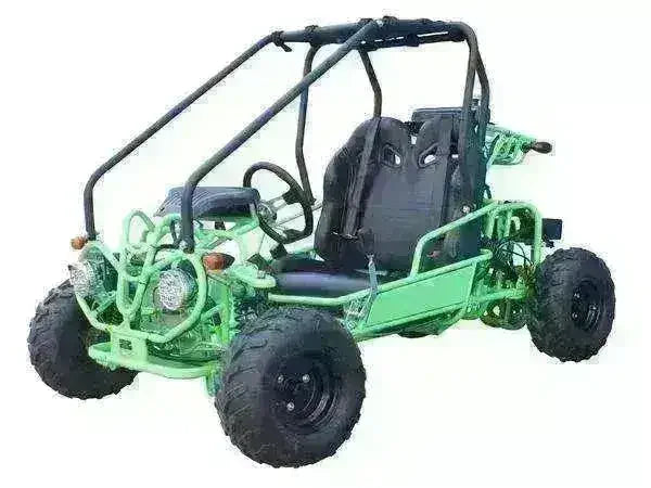 Green double seat 110cc kids go-kart with roll cage and off-road tires