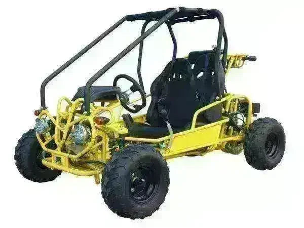 Yellow 110cc double seat kids go-kart with roll cage and off-road tires