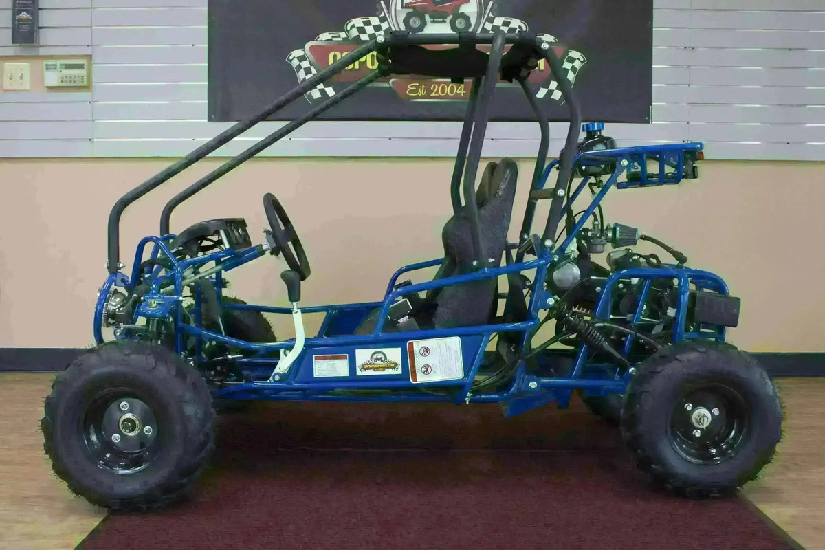 Blue 110cc kids go-kart with double seat and roll cage, displayed indoors