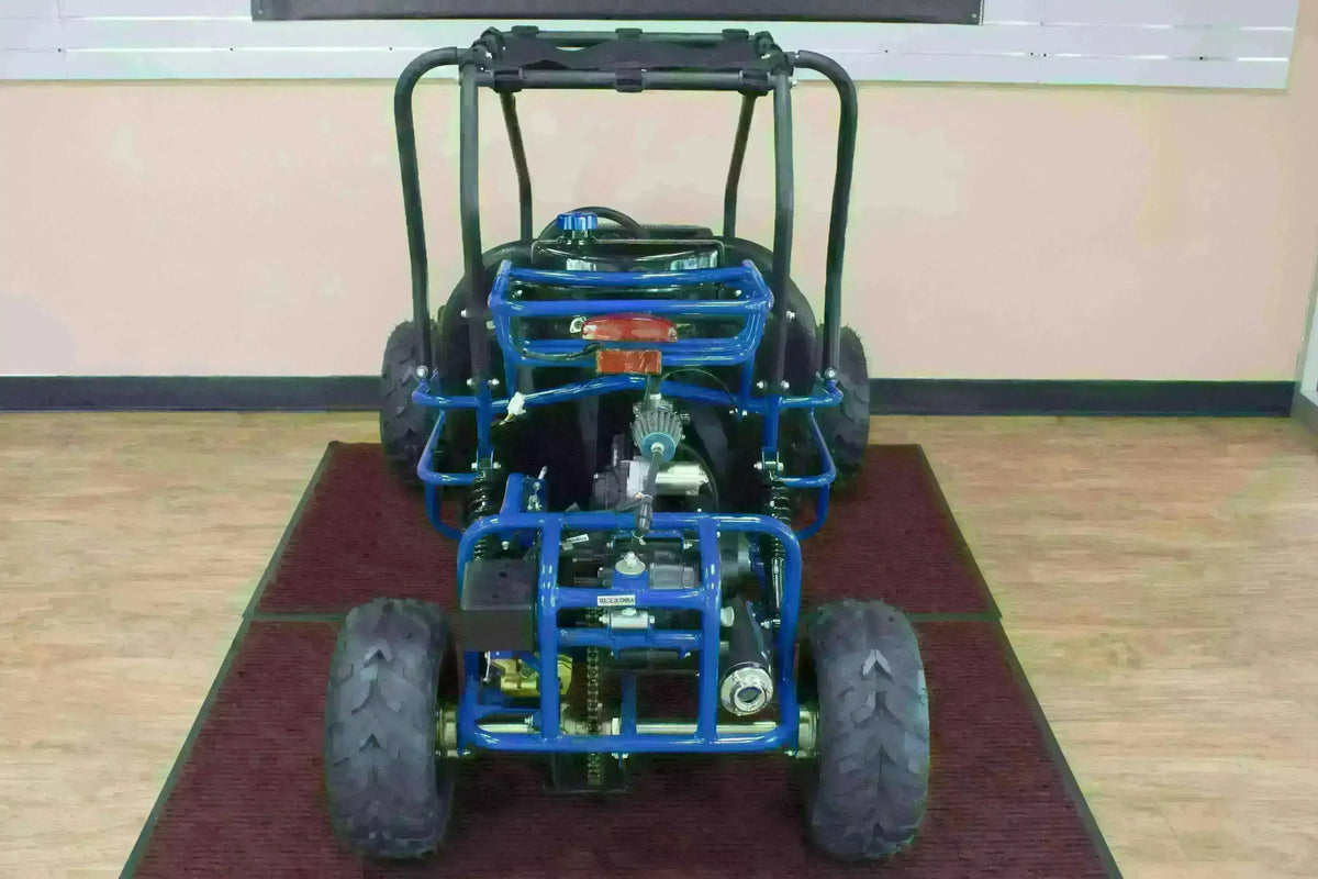 110cc kids go-kart with double seat, blue frame, rear view, indoor showroom setting