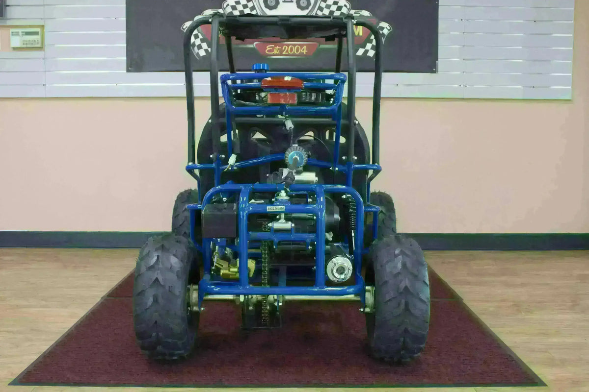 Rear view of blue 110cc kids go-kart with double seat and off-road tires indoors