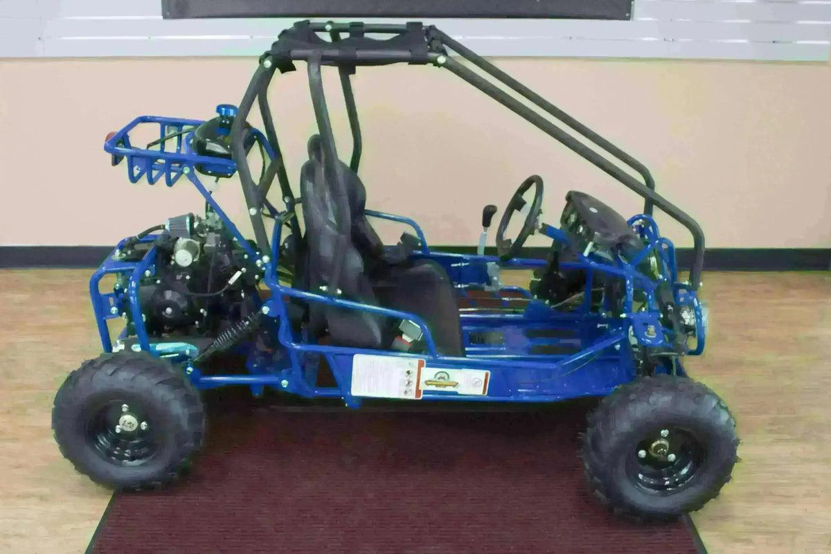 Blue double seat 110cc kids go-kart with roll cage and off-road tires indoors