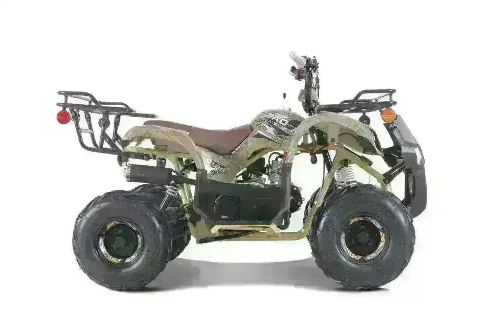 Youth 110cc utility ATV with camo body, large tires, rear cargo rack, and front bumper
