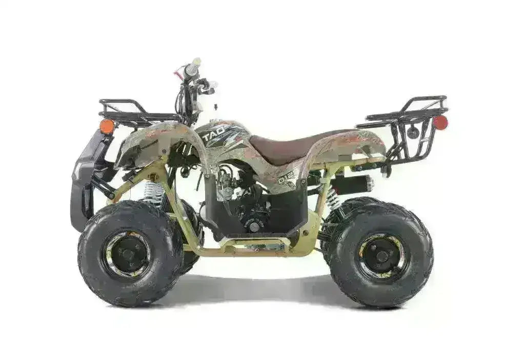 110cc youth utility ATV in camouflage with rugged tires and front and rear racks