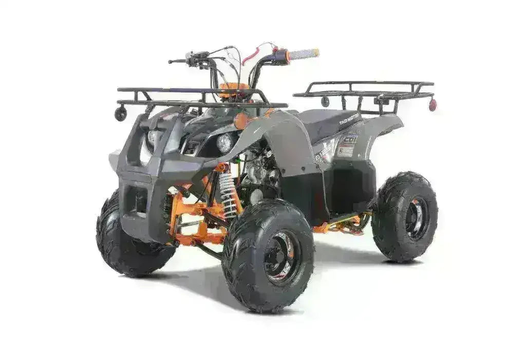 110cc youth utility ATV with black and orange frame, front and rear racks, off-road tires