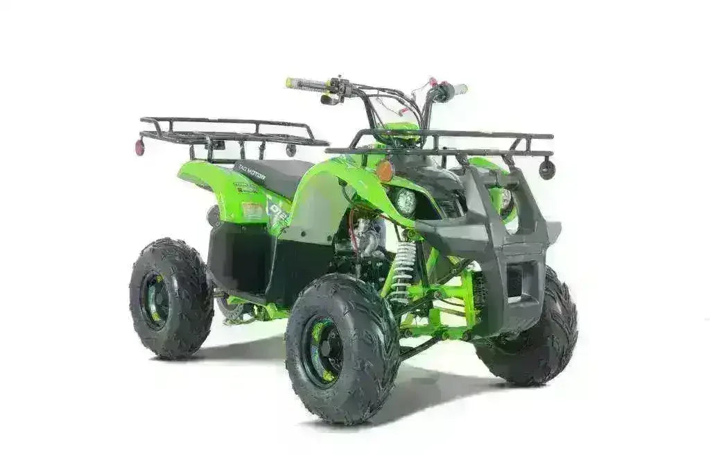 Green 110cc youth utility ATV with large off-road tires and front cargo rack