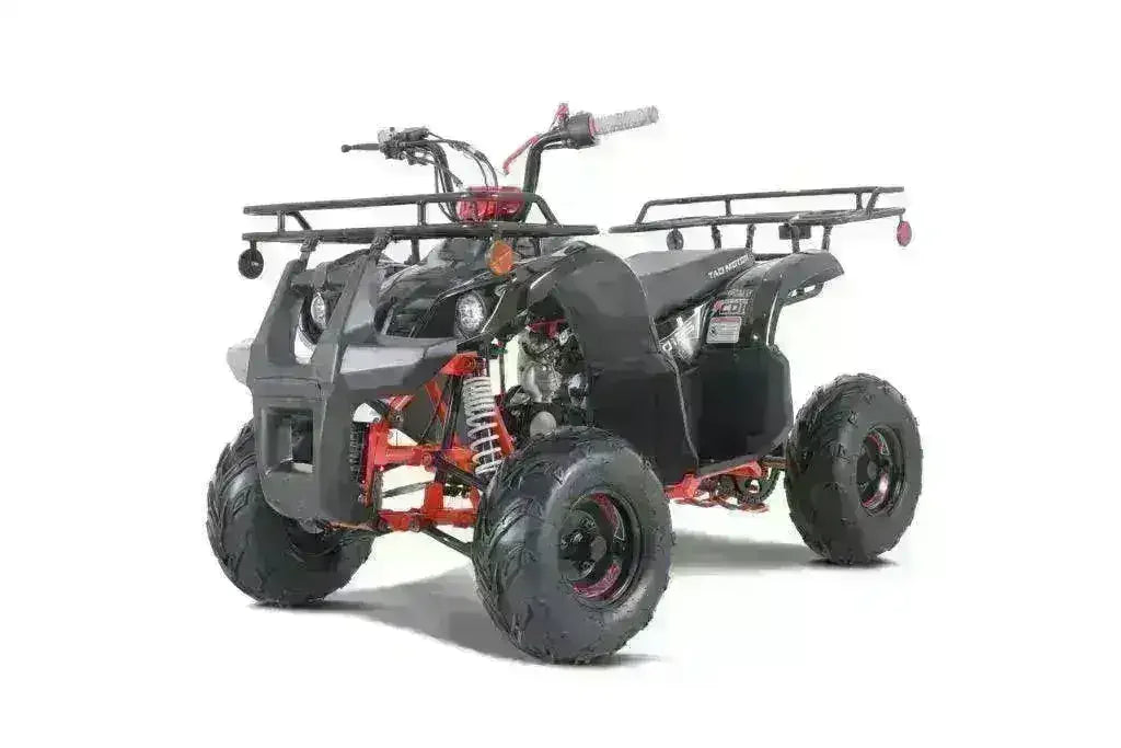 Black 110cc youth utility ATV with rugged tires and front and rear cargo racks