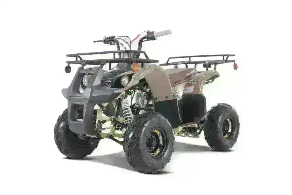 Youth 110cc utility ATV with rugged tires, front and rear racks, camo body on white background