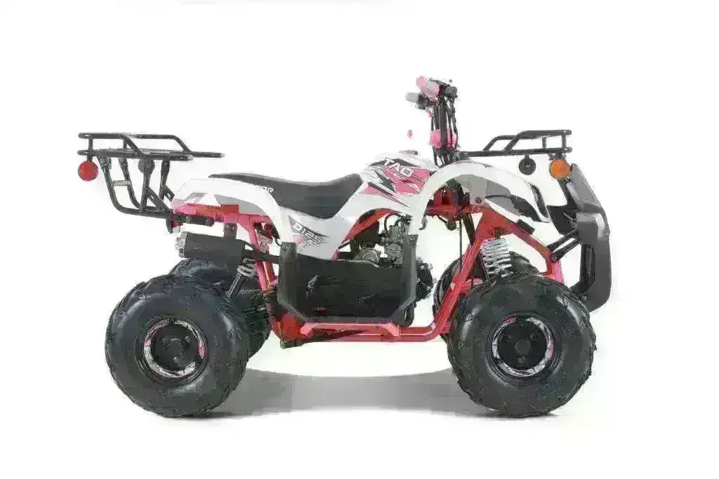 Red and white 110cc youth utility ATV with rugged tires and front and rear cargo racks