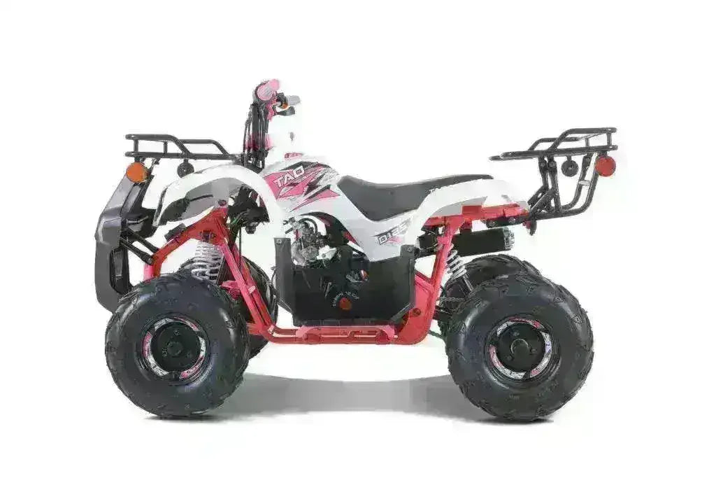 110cc youth utility ATV with white and red frame, rear racks, and off-road tires
