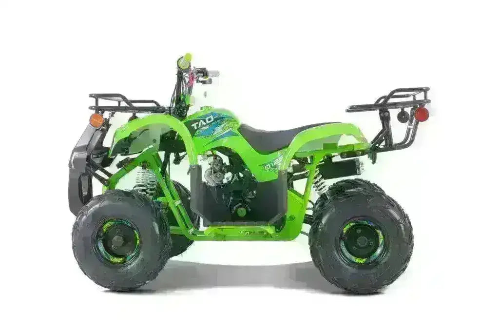 Green 110cc youth utility ATV with rugged tires and rear cargo racks on white background