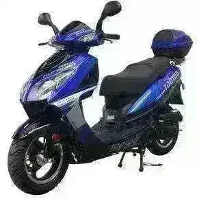 Blue 50cc scooter with rear storage box, side stand, and aerodynamic body design