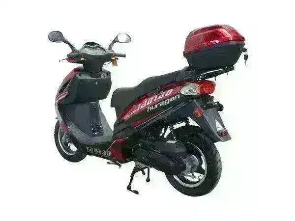 Red and black 50cc scooter with rear storage box, shown from rear angle on white background