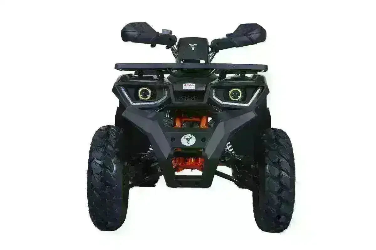 Front view of a black 200cc utility ATV with rugged tires and LED headlights on a white background.