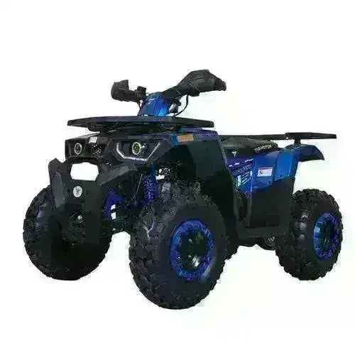 Blue 200cc utility ATV with rugged tires, front rack, and off-road design on white background
